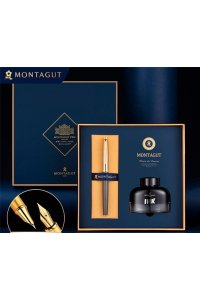 РУЧКА ПЕРЬЕВ MONTAGUT 0,5 ММ МЕТАЛЛ КОРПУС СЕРЕБРО/СЕРАЯ ПОРШНЕВАЯ+ ЧЕРНИЛА 30МЛ /ФУТЛЯР/ TJ-4(4206)