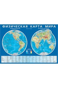 Физическая карта мира. Карта полушарий на картоне с ламинацией.