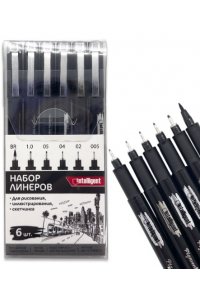 НАБОР ЛИНЕРЫ ЧЕРН6 ШТ (0.05, 0.2, 0.4, 0.5, 1.0, КИСТЬ) INTELLIGENT DK-128 (1282)